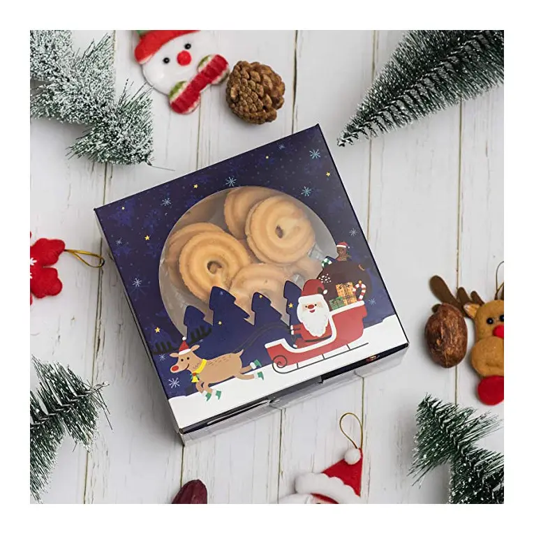 Cajas navideñas para galletas, Cajas de <span class=keywords><strong>Regalo</strong></span> para Donuts, panadería con ventana transparente, diseños festivos de Papá Noel y muñeco de nieve con cintas de Navidad para <span class=keywords><strong>regalo</strong></span>