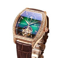 Montre mécanique Glen neuve, cadran à phases lunaires en alliage, aiguilles lumineuses, résistance à l'eau 30M, bracelet en cuir véritable, style business pour homme