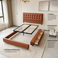Lit moderne gain de place en cuir véritable rembourré avec rangement, lit assemblé, cadre de lit King Queen en bois avec tiroirs, structure en fer