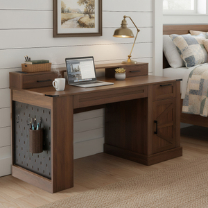 55" Modern Office Desk with Storage Cabinet & Charging Station Barn Door Writing Desk with <b>Keyboard</b> <b>Tray</b> Eco-Friendly Durable - Product Image 4