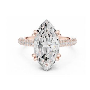 Anillo de compromiso con corte marquesa en oro amarillo, banda de diamantes pavé de varias filas, doble halo oculto, elegante joya nupcial. - Product Image 5