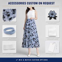 Rok Midi Wanita Vintage Musim Semi Bahan Tulle Motif Bunga Berlapis Pinggang Tinggi Lipit Model A-line Anti Kusut Campuran Katun