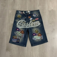 Shorts en jean mi-longs déchirés et délavés, brodés à la machine avec strass thermocollants, style streetwear, pour l'été – Vente en gros