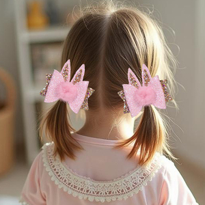 Pinces à cheveux en couches de 3 pouces pour le jour de Pâques, lapin de Pâques pom à paillettes pour bébé fille, 2 pièces - Product Image 6