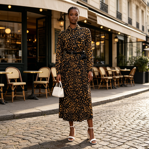 Abito Primaverile Casual con Stampa Leopardata in Poliestere, Vita Elastica, Linea A, Lunghezza Media, Gonna Plissettata, Taglie Grandi, <span class=keywords><strong>Abbigliamento</strong></span> Femminile - Product Image 1