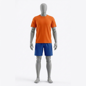 Men's <b>Orange</b> Crew Neck Short Sleeve Solid Color Polyester <b>T</b>-<b>Shirt</b> Regular Fit Breathable Summer Athletic Wear Blue Shorts Set - Product Image 1