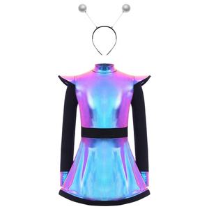 Disfraz de alienígena para niñas de 6 a 16 años, vestido metálico con pantalones cortos incorporados y diadema a juego para disfraces temáticos de danza lírica y jazz - Product Image 3
