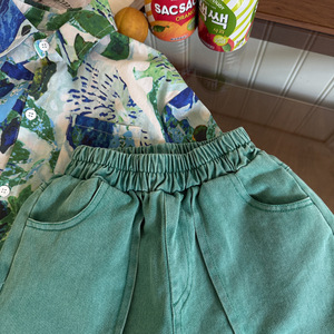 Summer Green Twill Cool Loose Boys' Girls Full Match Pants Short pour enfants - Product Image 4