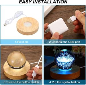 Base de <span class=keywords><strong>lampe</strong></span> LED en bois givré avec chargement USB, mini support rond en bois avec interrupteur tactile pour veilleuse LED 3D DIY, cadeau décoratif - Product Image 6