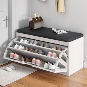 Banc à chaussures moderne blanc <span class=keywords><strong>avec</strong></span> coussin, organisateur de <span class=keywords><strong>rangement</strong></span>, étagère ouverte à 2 niveaux pour <span class=keywords><strong>entrée</strong></span>, salon, meubles de maison en bois - Product Image 1