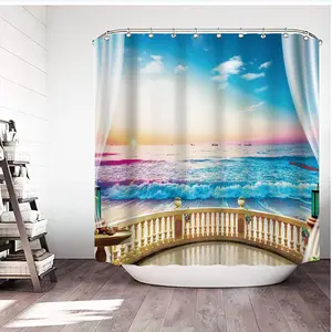 Seaside Beach Shower Curtain Palm Tree Bath Curtains White Window Hawaii Island Ocean Natural Scenery Fabric Bathroom Decor Sets