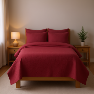 Ensemble de couvre-lit réversible Queen en coton rouge, élégant, avec motif uni brodé - Product Image 2