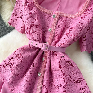 Rose squelette dentelle épissage robes femmes <span class=keywords><strong>faux</strong></span> deux pièces longues robes de soirée creux <span class=keywords><strong>crochet</strong></span> fleur bureau dame robe mi-longue - Product Image 4