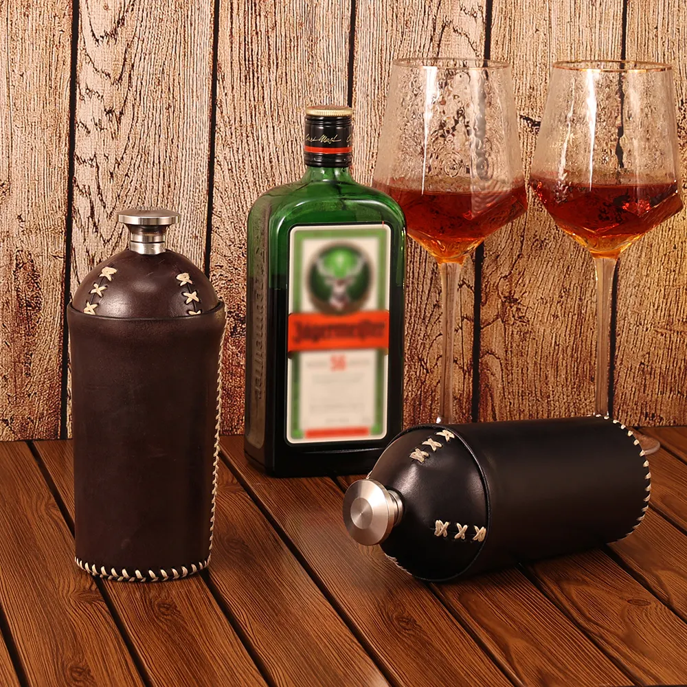 Botol anggur baja tahan karat portabel jahitan kulit asli kapasitas besar 21.2oz Flask alkohol Flagon