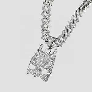 Iced Out Silver Alloy Cuban Chain With Full Bling Rhinestone Hip Hop Bat Man Pendant Necklace