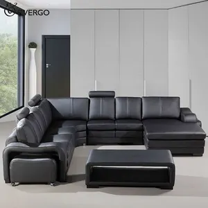 L şekli kesit kanepe Modern oturma odası mobilya siyah deri kanepe ile geri dönüşümlü şezlong ev mobilya
