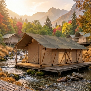 Carpa de Glamping Safari para las 4 Estaciones, con Estructura de Madera, Plataforma Elevada, Lona Impermeable, Cabaña de Montaña para Otoño - Product Image 1
