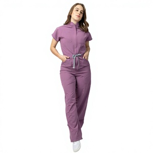 Women Purple Scrub <b>Jumpsuit</b> <b>With</b> Cargo <b>Pockets</b> Hospital Uniform <b>Wide</b> <b>Leg</b> One Piece Nursing Workwear - Product Image 4