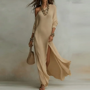 Robe Rétro Élégante Prête à l'Expédition pour Femme – Coupe Ample, Couleur Unie, Épaule Dénudée, Fendue, Manches Longues, Confortable et Stylée pour l'Extérieur - Product Image 4
