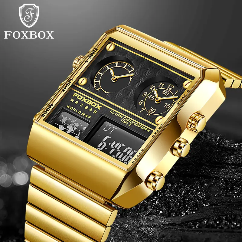 LIGE FOXBOX FB0011 New Top Brand Fashion Square Digital Watches Waterproof Unique Golden Man Stainless Steel Wristband Watch Men