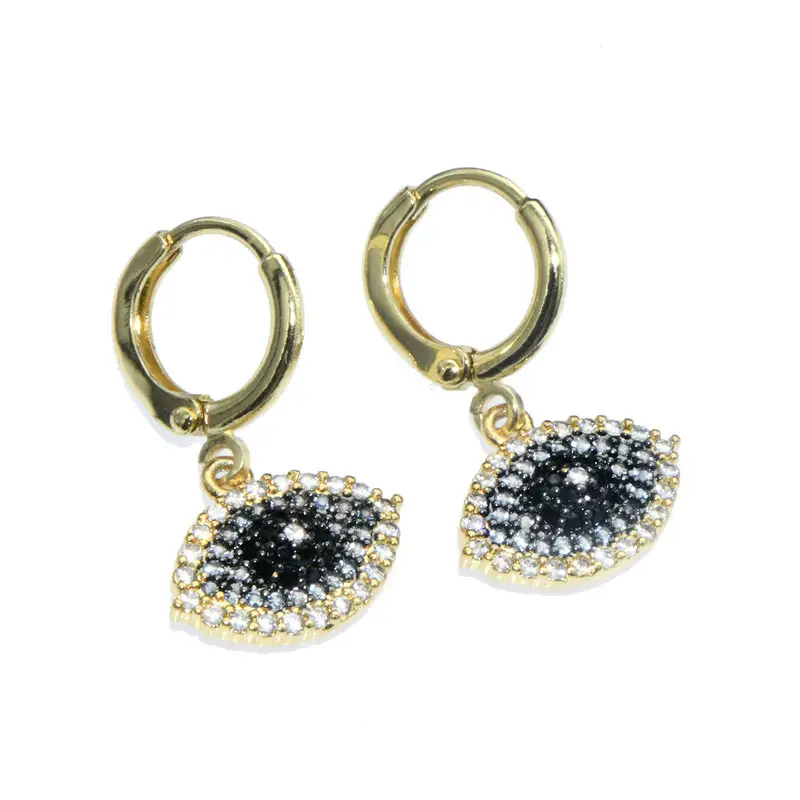 Luxury 18K Gold Plated White Black CZ Paved Big Eye Oval Shape earring Hoop Dangle Earrings For women girl