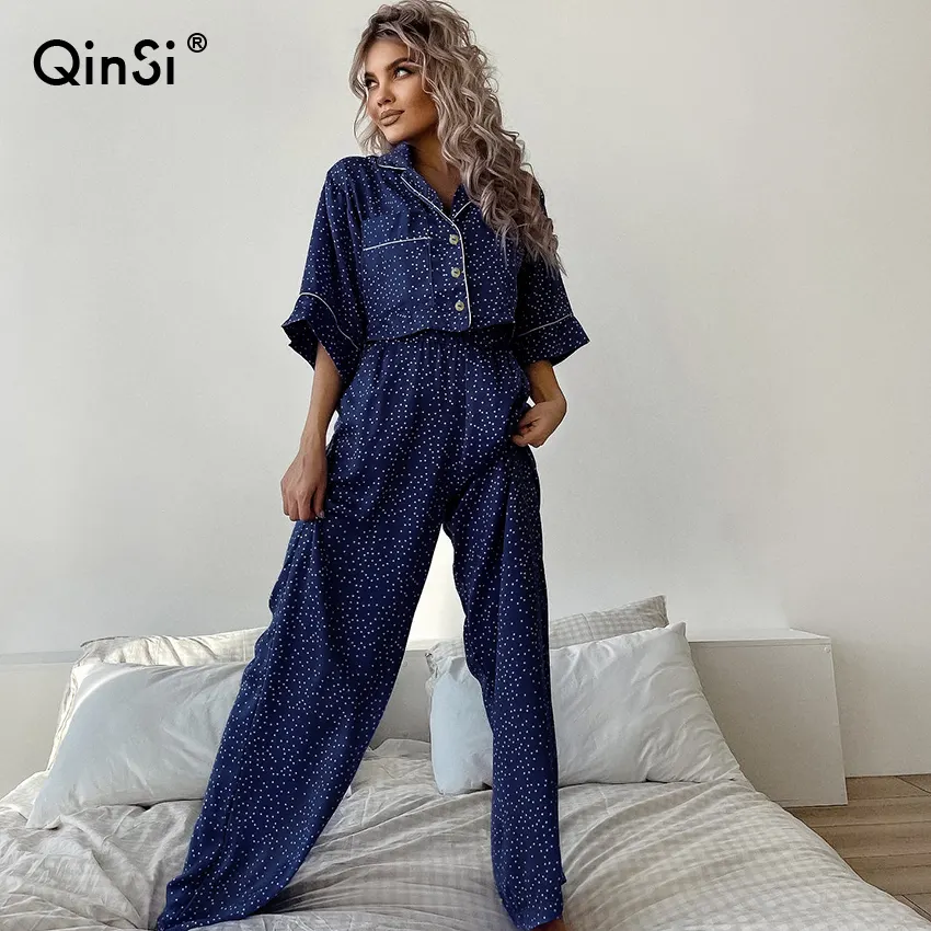 QINSI 2023, ropa de dormir estampada para mujer, pijamas de manga corta y pantalones largos para mujer, conjunto de ropa de Salón de verano