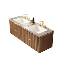 Meuble de salle de bain moderne en bois cannelé, prix direct usine, armoire sur pied personnalisée, plan de travail en quartz, lavabo en céramique, cuivre