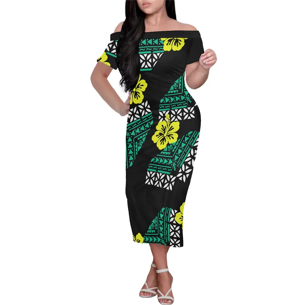 Fashion Black Short Sleeve Close-Fitting Off Shoulder Dress Polynesian Tribal Soft Fabrics Formal Occasions Dress Low Price