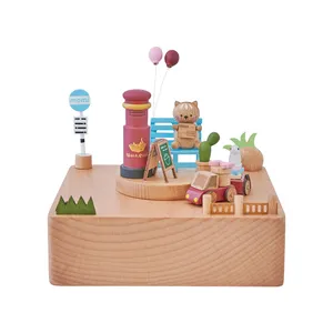 Caja de música de madera de haya estilo mecánico, cajas de música con adornos de animales para el hogar