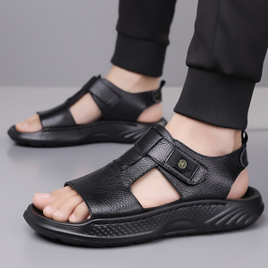 T-Strap Genuine Leather Sandals Men Open Toe Rubber Outsole Anti Slip Casual <b>Hook</b> Loop Summer Beach <b>Shoes</b> - Product Image 4