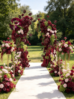 Burgunderrote Pfingstrosen-Rosen Hochzeitsblumen Grünes Anthurium Dunkelrote Blumenbogen Gangdekoration Blumenkugel Künstliche Hochzeitsblumenarrangements