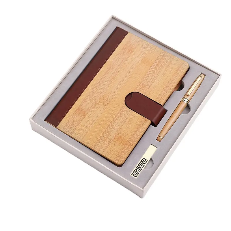 Promotional 3 in 1 business gift sets bamboo notebook A5 gift box office business set company annual meeting employee gift set