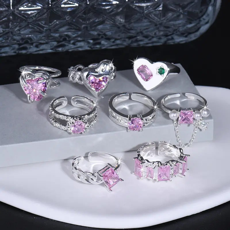 New Pink Diamond Zirkon Herz Französisch Ringe Luxus Kupfer Kristall Öffnung verstellbarer Ring für Frauen