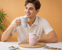 Grande tasse en céramique à motif marbré avec couvercle et cuillère, tasse à boire pour la maison, tasse à petit-déjeuner pour céréales et café, logo personnalisé disponible
