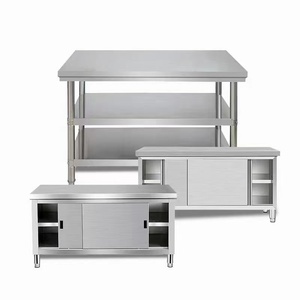 Table de travail en acier inoxydable 304 sur mesure avec armoire, portes coulissantes doubles, finition brossée mate, pieds réglables en hauteur, capacité de charge de 1000 kg/m - Product Image 1