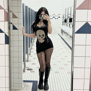 Y2K femmes Streetwear Harajuku crâne imprimé sans manches taille haute robe moulante nouveau rétro Punk gothique robe Grunge tenues - Product Image 2