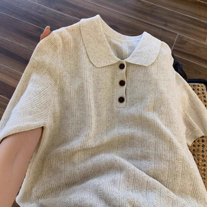 Suéter de Punto para Mujer, Estilo Polo, Color Sólido, Manga Corta, Corte Holgado, Cuello con Botones, Estilo Casual, Color Gris - Product Image 2