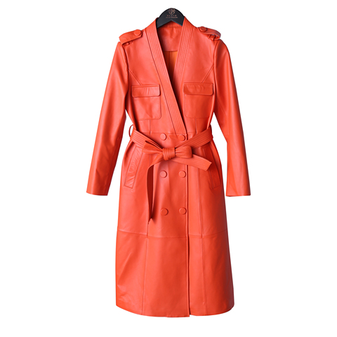 1149 New Fashion V-neck Double-breasted Belt Strap Trim Genuine Leather Sheepskin Long Trench Coat