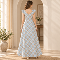 Robe longue décontractée pour femme en gros, motif écossais tissé, avec volants, col à nœud papillon et manches flottantes, jupe ample