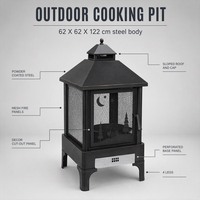 Brasero d'extérieur autoportant moderne avec panneaux en maille, foyer en acier pour bois, grille en fonte et support à bûches
