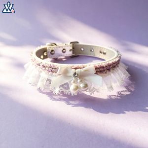 <b>Lace</b> Cat Collar With Bow Adjustable For Small Pets Elegant Style Light Purple Off <b>White</b> Lake Blue Solid Color - Product Image 1