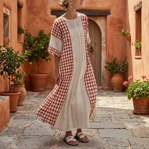 Robe maxi ample à col rond avec contraste de couleur à carreaux, manches courtes, en lin et coton, tenue décontractée d'été - Product Image 3