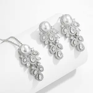 Neue Braut Perlen-Halsband Ohrringe-Set wunderschönes S925 Nach-Mode-Schmuck Luxushalter glänzend kubisch Zirkonium Messing romantisch