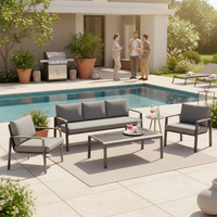 Ensemble de salon de jardin 4 pièces en aluminium durable et moderne avec table en verre trempé, assemblage rapide, résistant aux UV pour patio et cour.