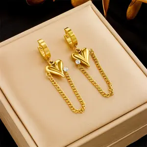 Wholesale Non Tarnish 18k Gold Pvd Plated Stainless Steel Heart Shape Dangle Tassel Earrings For Women Jewelry