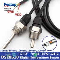 Capteur de température numérique DS18B20, sonde filetée G1/2 ", DIA = 8mm, fil PVC à 3 conducteurs, coque en acier inoxydable SUS304, L30-200mm