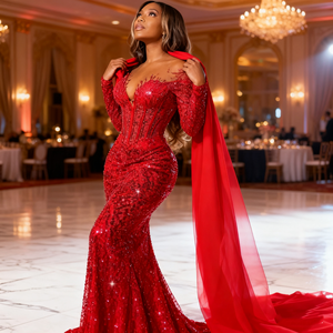 Vestidos negros reales para niñas con mangas largas, tul <span class=keywords><strong>rojo</strong></span>, tren de barrido, abalorios de cristal y plisado, <span class=keywords><strong>vestido</strong></span> de graduación extravagante para fiestas - Product Image 3