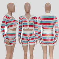 Ensemble pull et short en tricot rayé multicolore en laine décontracté pour femmes, idéal pour l'été