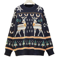 Pull de Noël moche unisexe en jacquard vert motif renne et flocon de neige, col rond, pour couple, idéal pour les fêtes de fin d'année