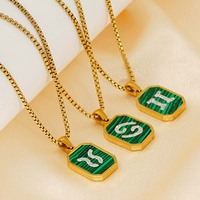 Collar de Cumpleaños con Letra del Zodiaco en Malaquita Verde de Lujo, Colgante Cuadrado de Acero Inoxidable para Mujer, con Incrustaciones Modernas
